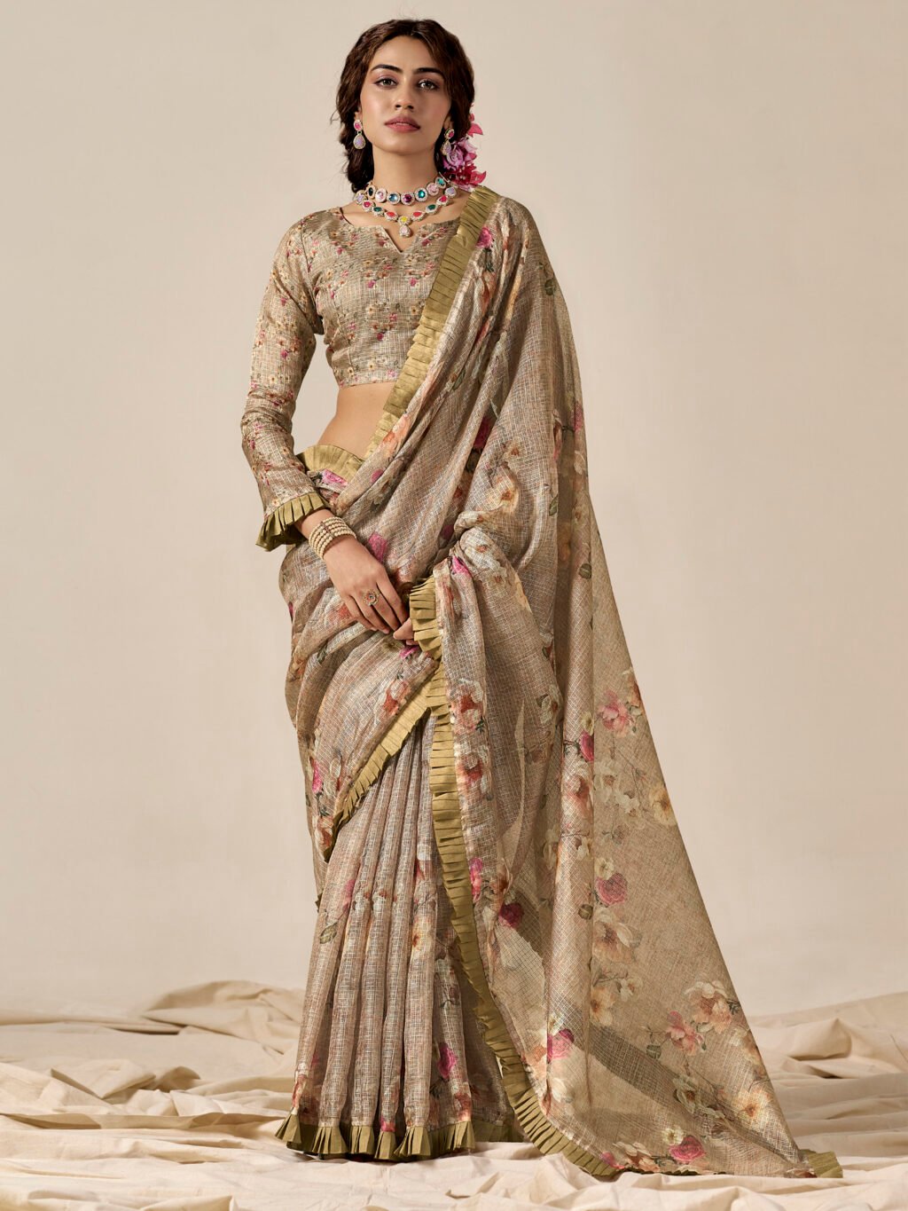 Regal Beige Kota Doria Cotton Traditional Saree