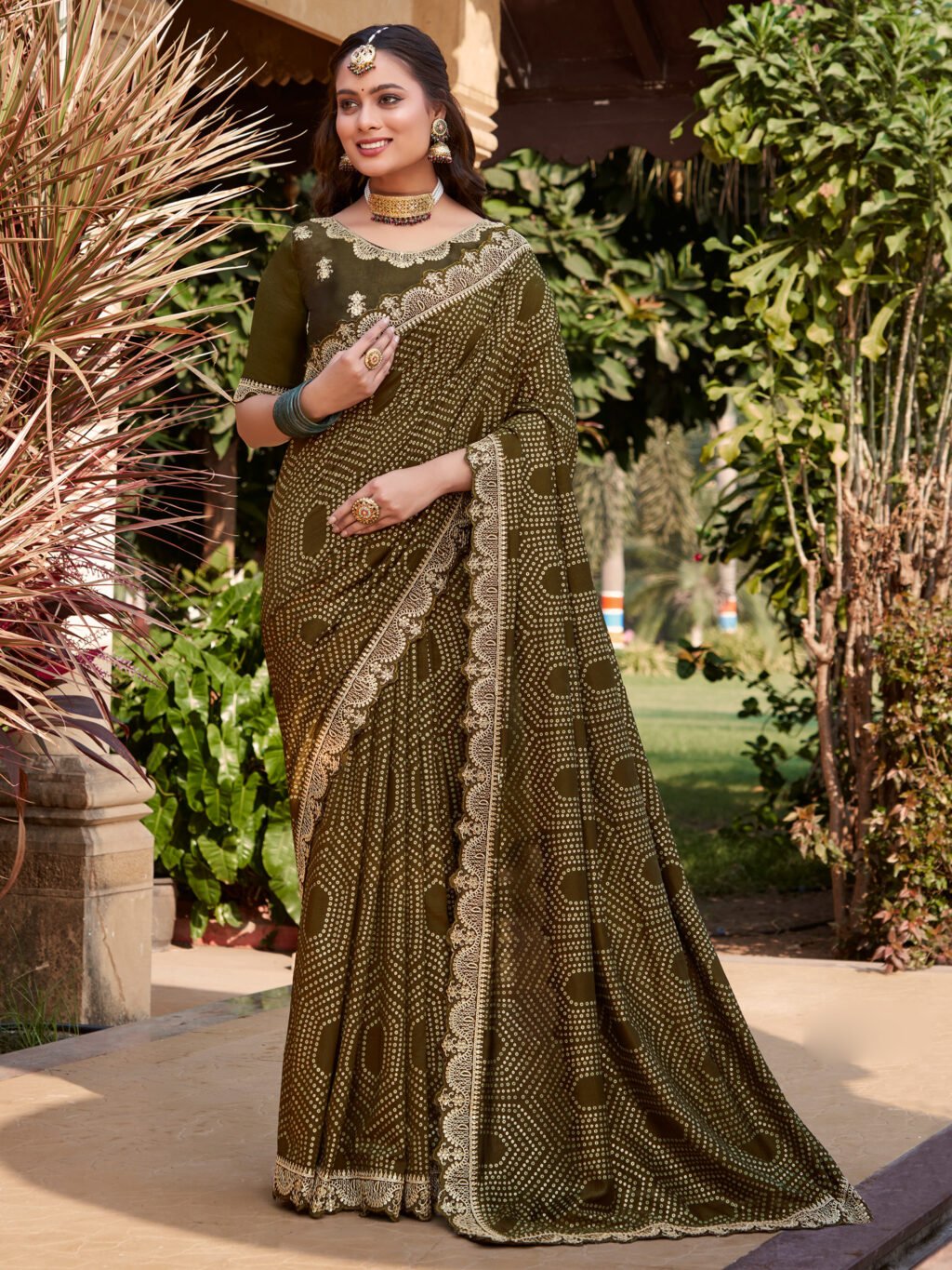 Olive Bandhani Georgette Saree
