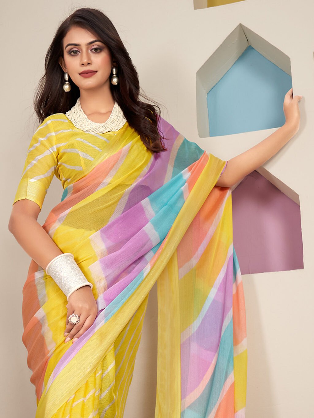 Yellow Leheriya Chiffon Lightweight Saree - Image 3