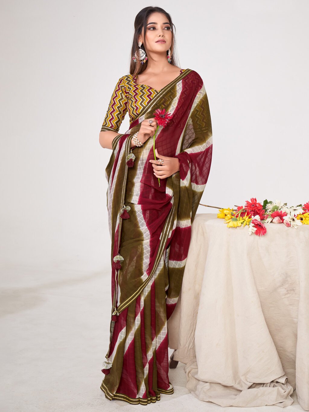 Opulent Maroon Flowing Georgette Printed Saree