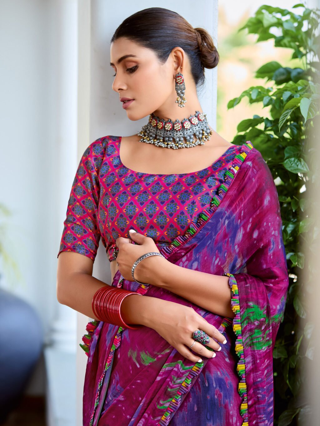 Magenta Printed Satin  Saree - Image 2