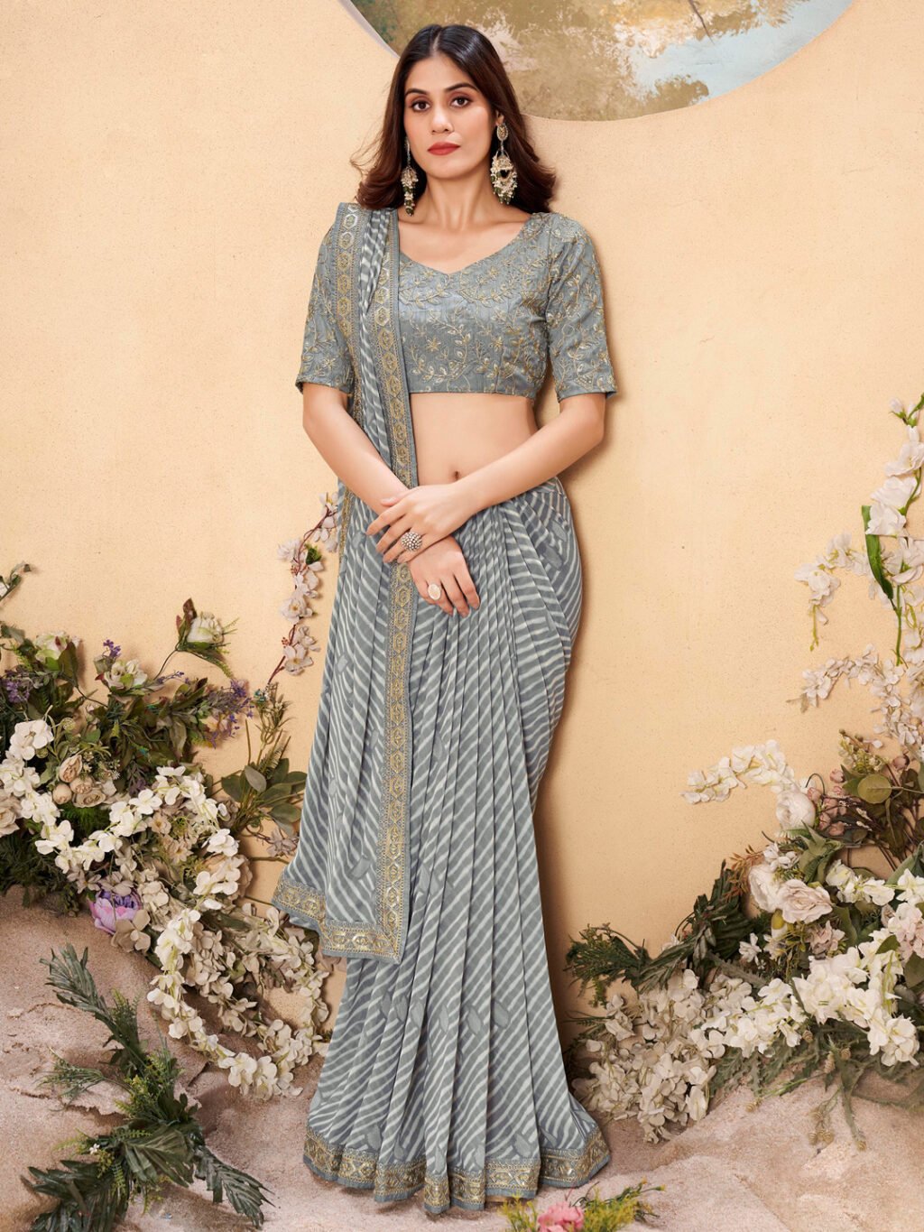 Opulent Grey Georgette Sequins Leheriya Saree