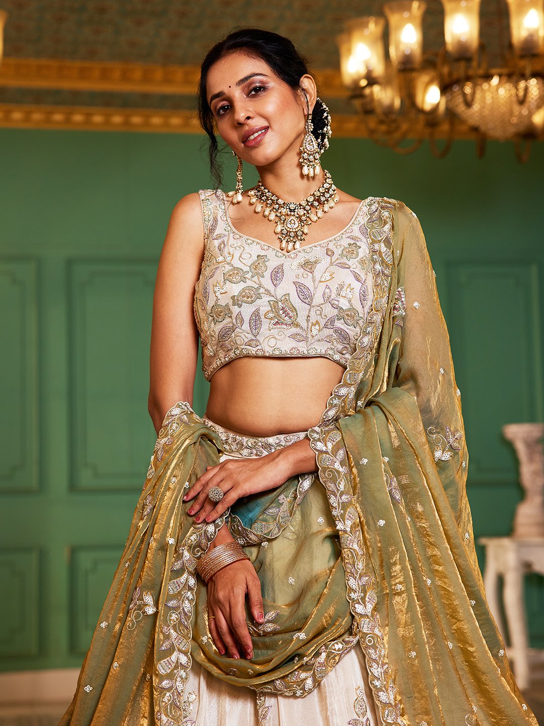 Cream Luxe Designer SemiStitched Lehenga Choli