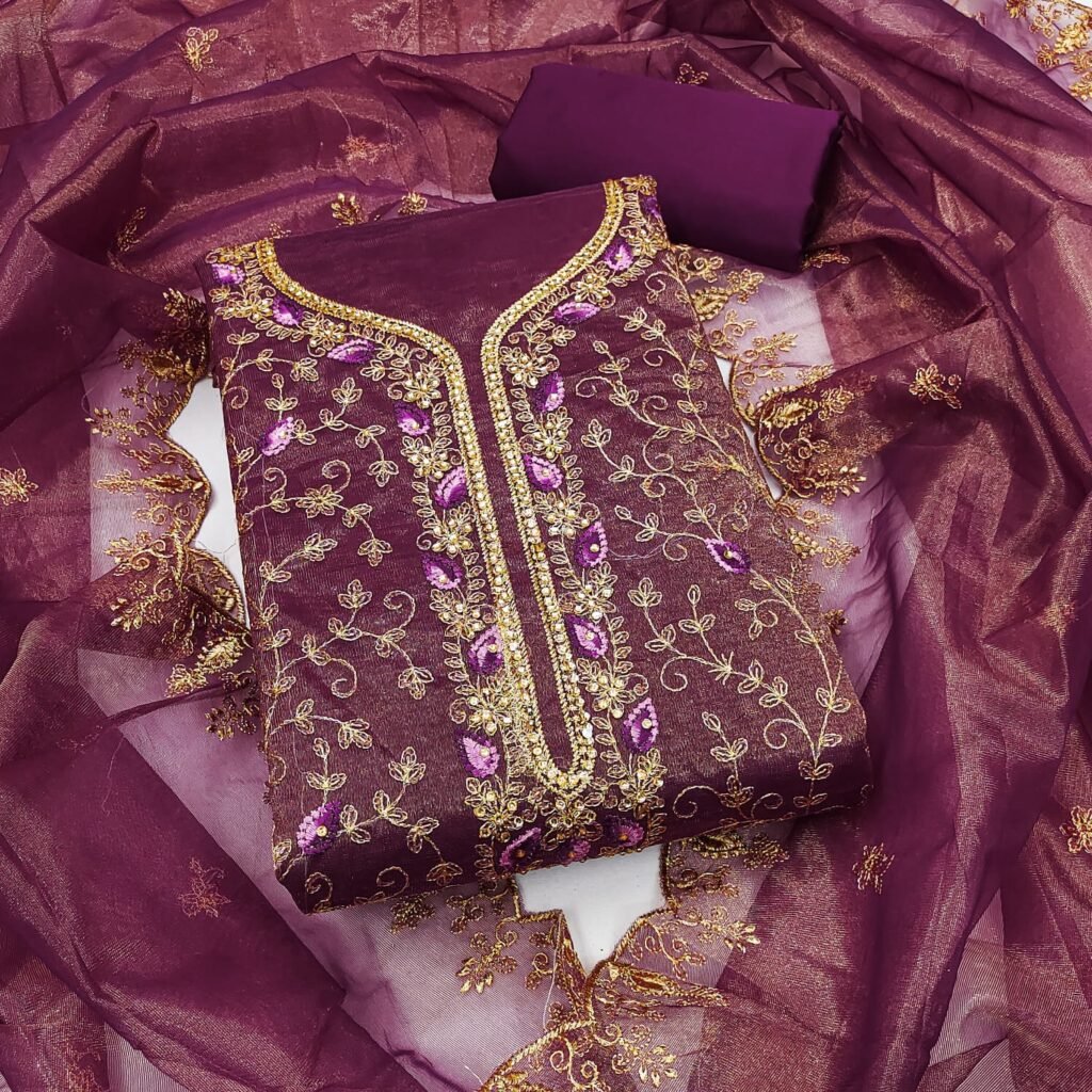 Partywear Purple Organza Silk Unstitched Salwar Suit