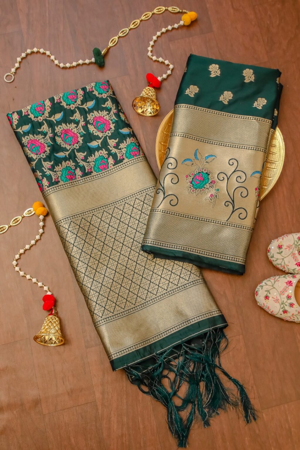 Dark Green Banarasi Silk Unstitched Salwar Suit with  Floral Dupatta